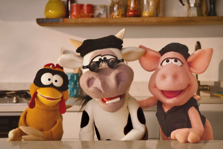 Quorn chicken, cow and pig characters in TV ad